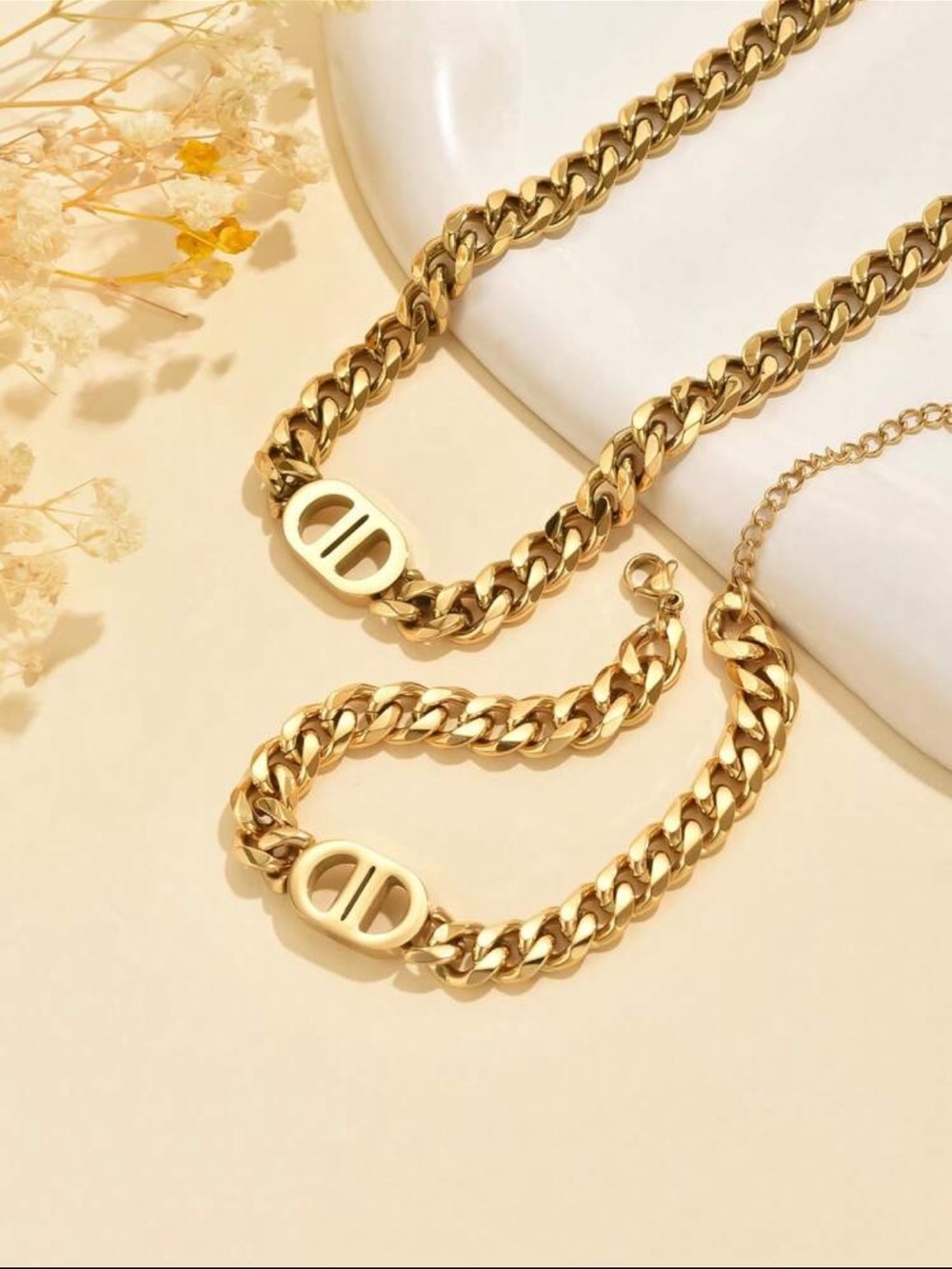 Gold-Tone Curb Chain Necklace and Bracelet Set